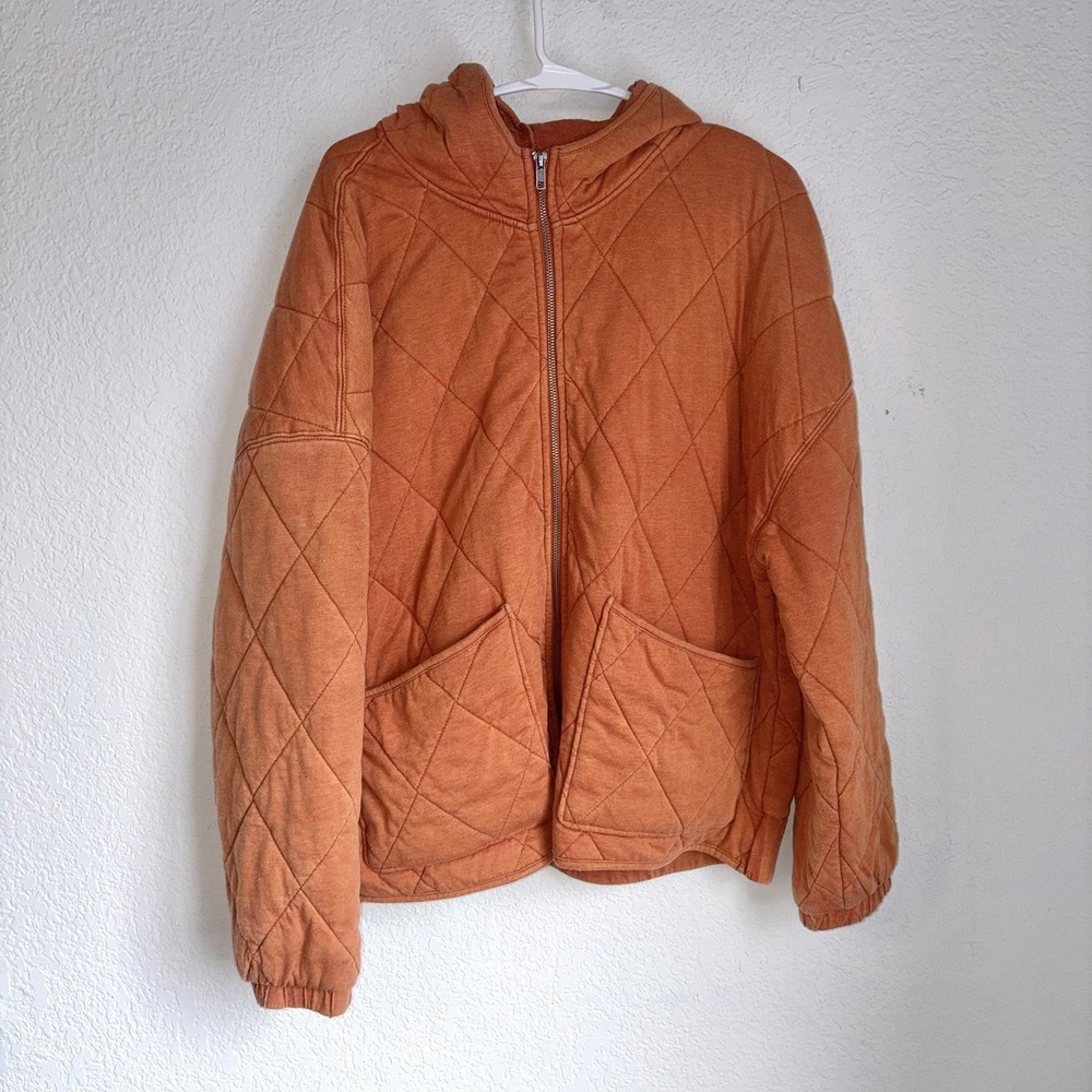Women's L Copper Brown Quilted Hooded Bohemian Bomber Jacket Cozy Warm